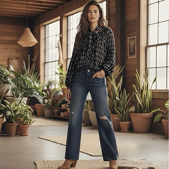 ModCloth Blouse Plus Sz 3X Bow Tie Neck Long Sleeve Rodeo Retro Preppy Western - Picture 1 of 14